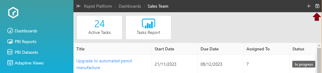 Save button on a dashboard in the top right